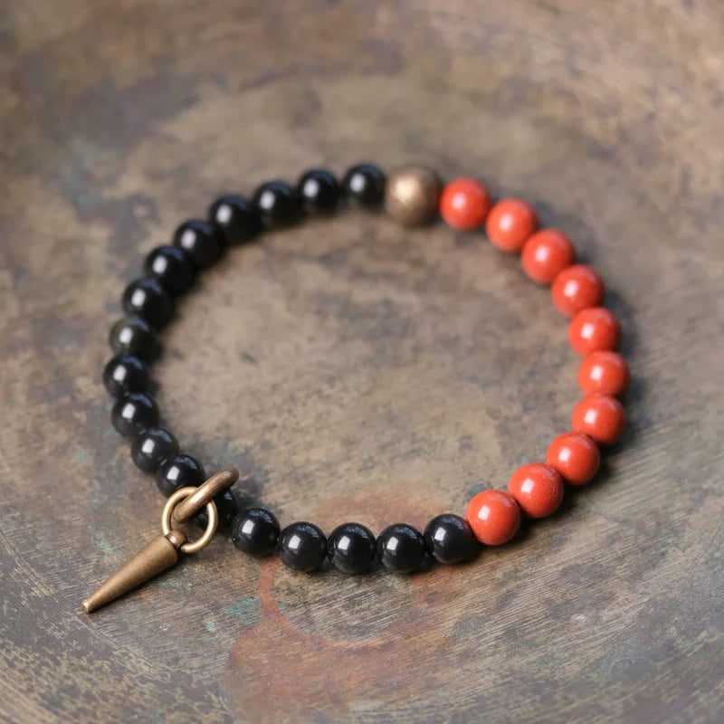 Tibetan Obsidian Bracelet with Colorful Beads for Protection & Balance