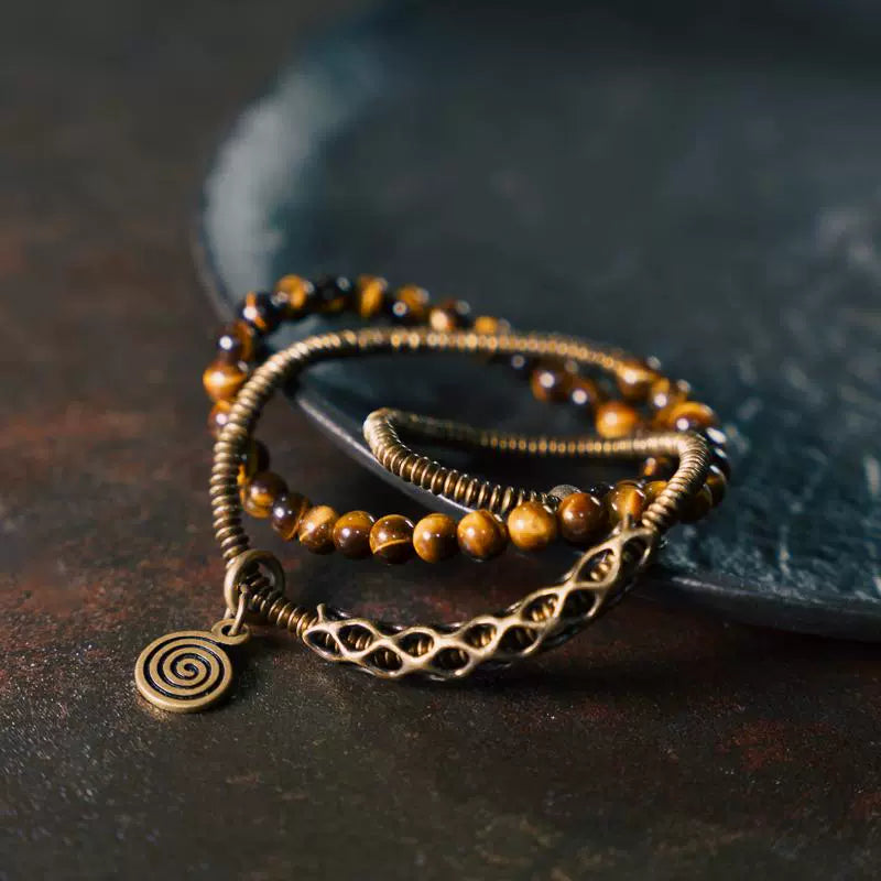 Vintage Multi-Layer Tiger Eye Beaded Bracelet Handmade Brass Accent Jewelry for Men & Women