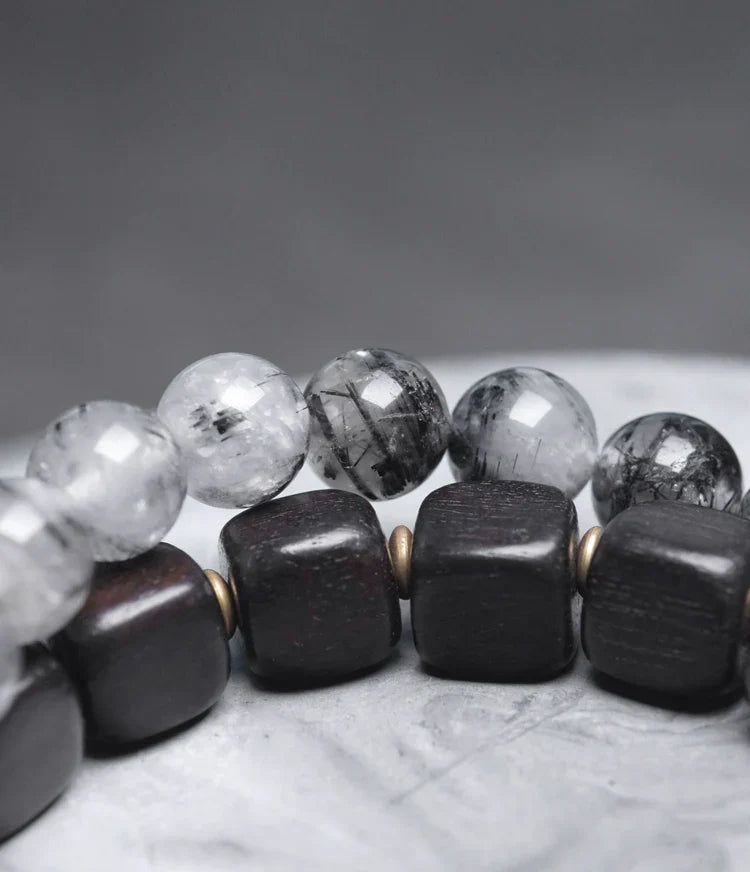 Double-Layer Black Rutilated Quartz & Ebony Wood Bracelet Men’s Vintage Protection Beads