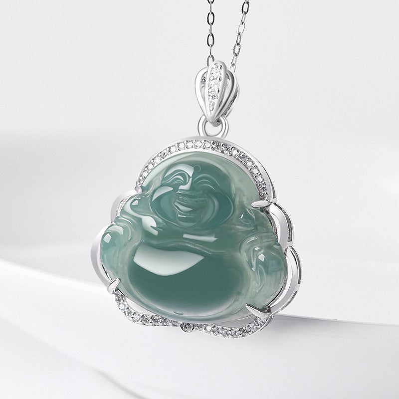 Natural Ice Blue Jadeite Buddha Pendant – A-Grade Blue Water Jade, S925 Silver Setting, 45cm Chain, Women’s Spiritual Talisman
