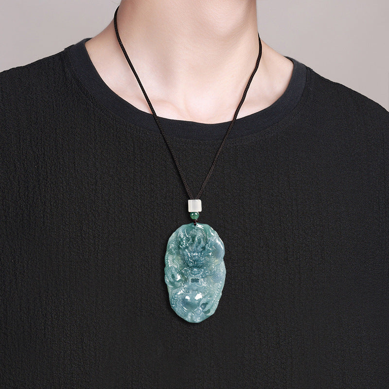 Natural Blue Water Jadeite Divine Dragon Guardian Pendant – A-Grade Jade, Zodiac Dragon Talisman