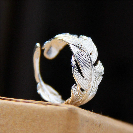 S925 Sterling Silver Handmade Adjustable Feather Ring – Open Band Couple Ring