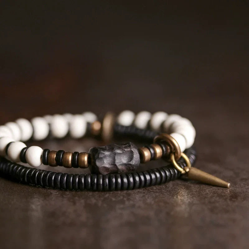 Tibetan Deer Bone and Ebony Beads Unisex Bracelet with Brass Accent