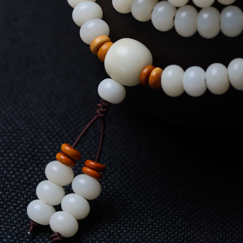 White Jade Bodhi 108 Mala Beads Bracelet with Hand-Carved Lotus Beads and Olive Pit Spacers