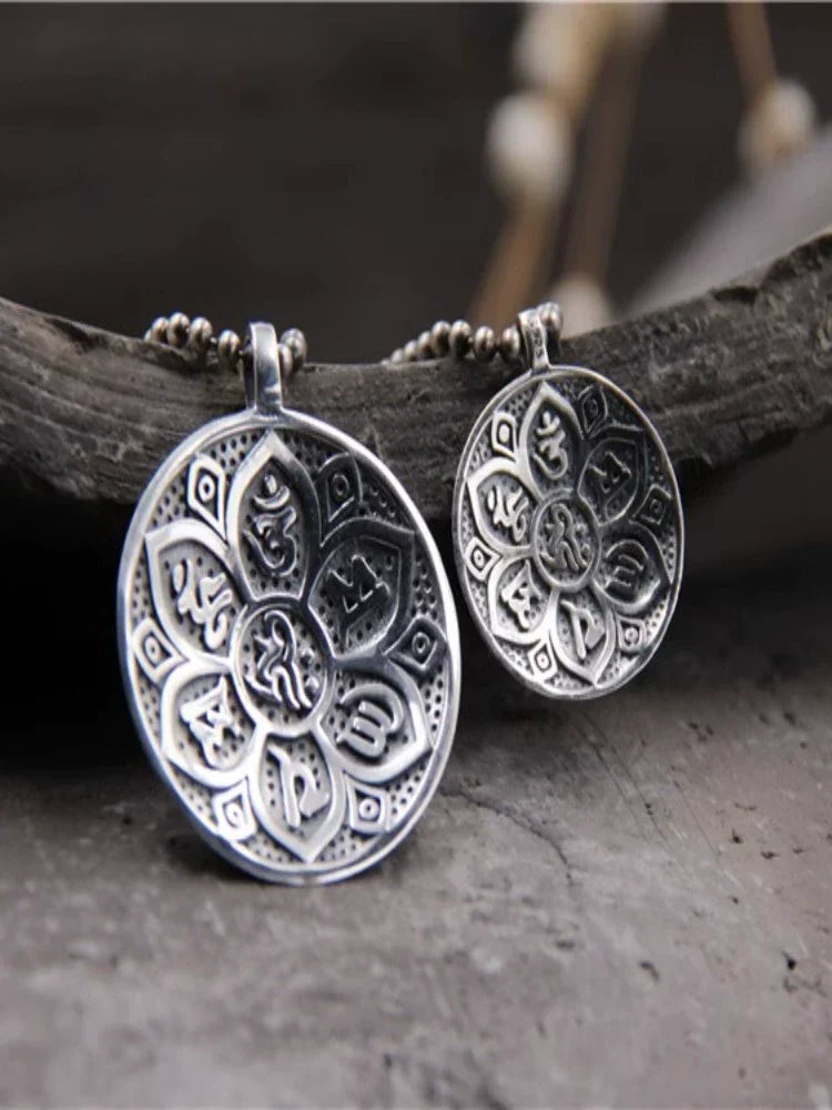S925 Sterling Silver Retro Six-character Mantra Tag Safe Round Tag Pendant