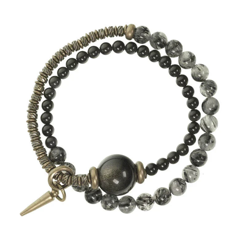 Obsidian & Black Rutilated Quartz Brass Bracelet for Protection & Focus