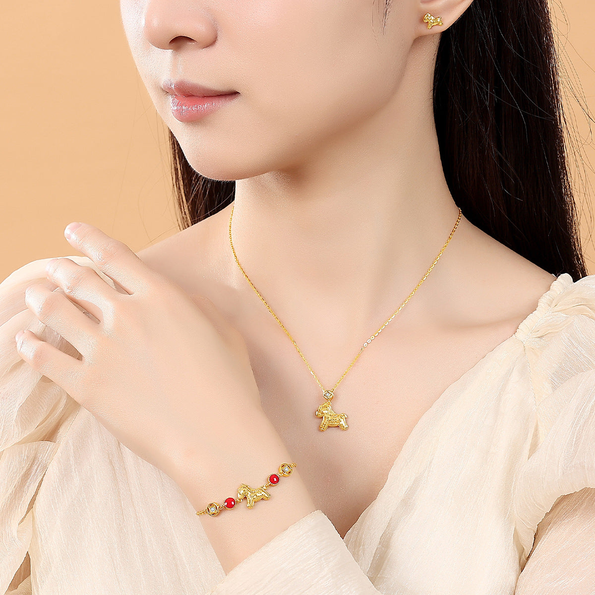 Women’s S925 Silver Ice-Textured Cute Horse Set – Necklace, Bracelet, Earrings Charms