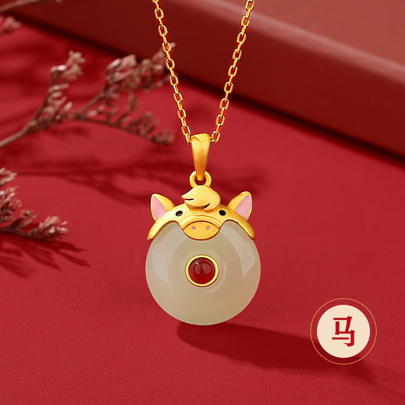 Hetian Jade Peace Circle 12 Chinese Zodiac Necklace – S925 Silver Horse Year Gift Jewelry