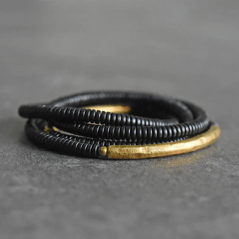 Ebony Wood & Brass Protection Bracelet – Multi-Layer Beads for Strength & Stability