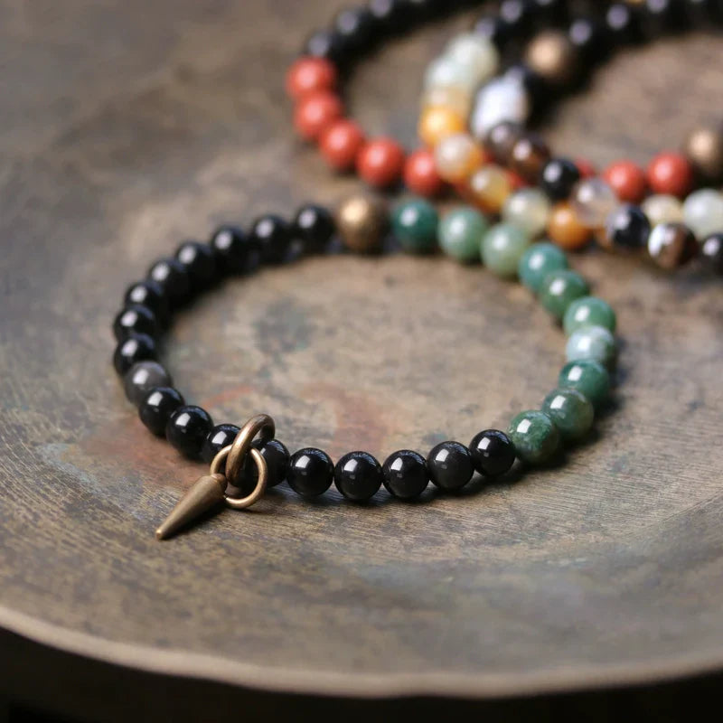 Tibetan Obsidian Bracelet with Colorful Beads for Protection & Balance