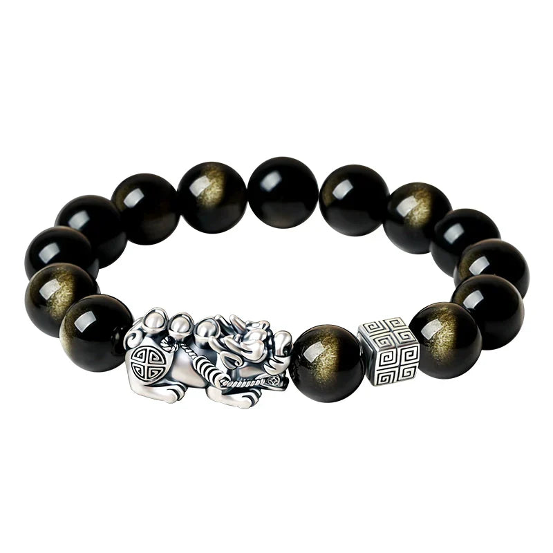 Feng Shui Bracelet Pure Silver Pixiu Bracelet Black Obsidian Men's Bracelet