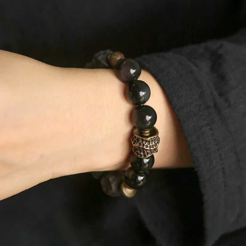 Tibetan Vintage Ebony Wood, Black Obsidian & Brass Bracelet – For Strength & Protection