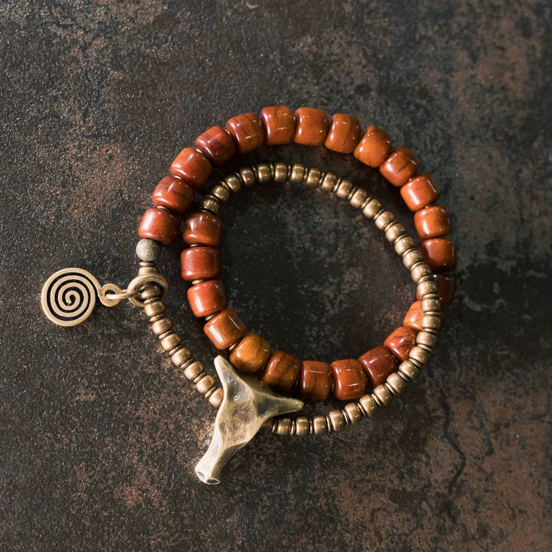 Tibetan Handmade Double-Wrap Yak Bone & Brass Bull Head Bracelet · Primal Strength, Sacred Grounding