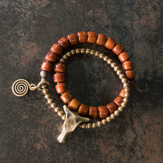 Tibetan Handmade Double-Wrap Yak Bone & Brass Bull Head Bracelet · Primal Strength, Sacred Grounding