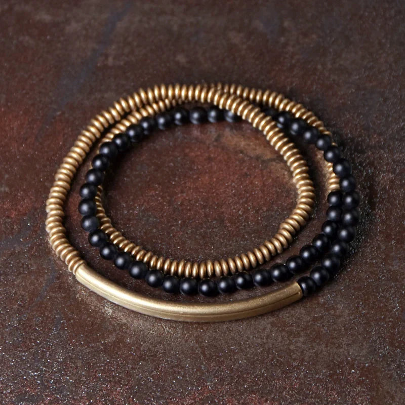 Tibetan Agate & Brass Multi-Layer Bracelet · Couple Jewelry for Grounding & Passion · 4 Colors Available