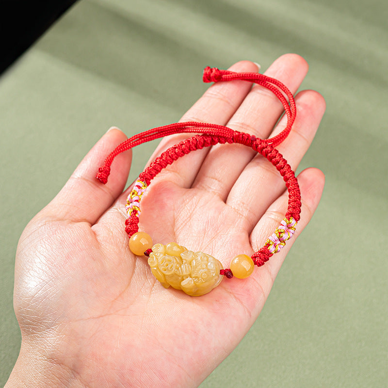 Natural Golden Silk Jade Pi Xiu Bracelet – Handwoven Peach Blossom Knot, Unisex Feng Shui Jewelry