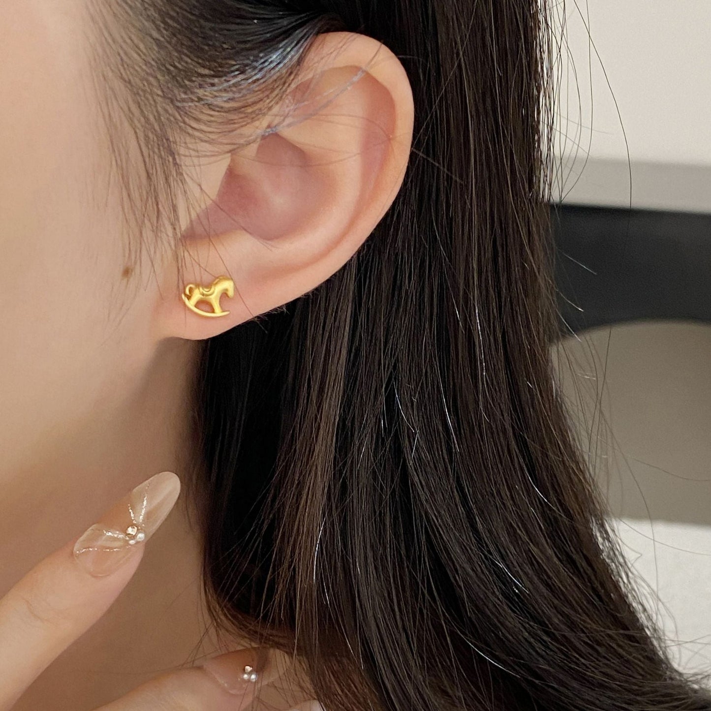 Women’s S925 Sterling Silver Asymmetric Wood Horse and Coin Stud Earrings – Year of the Horse