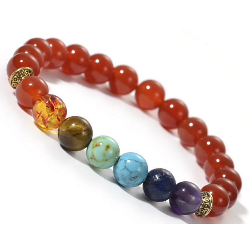 Seven Chakra Beaded Bracelet for Meditation Yoga Bracelet Pink Crystal White Turquoise Tiger Eye Stone Volcanic Stone
