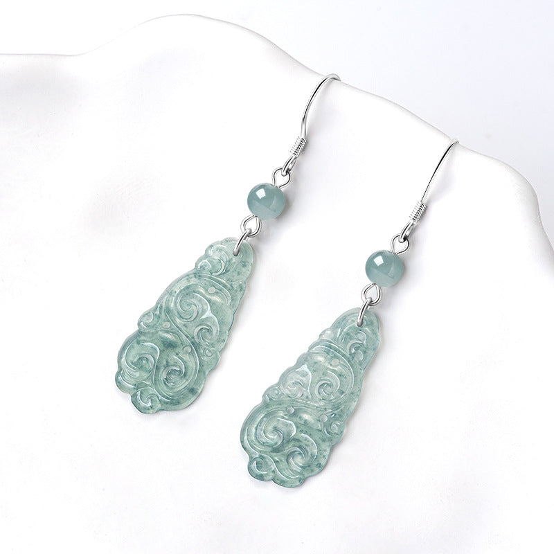 Natural A-Grade Blue Water Jadeite Ruyi Earrings – S925 Silver, Ice-Type Jade, Ancient-Style Women’s Earrings