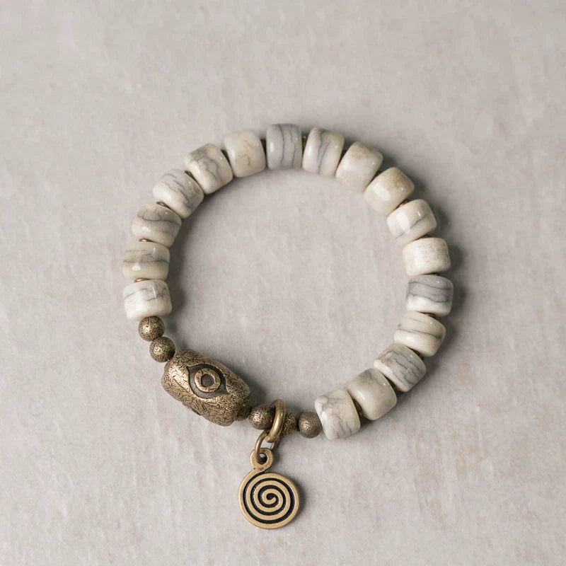 Tibetan Handmade Yak Bone & Brass Dzi Bracelet · Sacred Protection, Grounded Strength