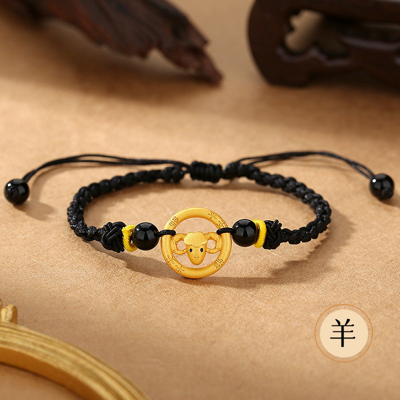 Women’s S925 Silver Peace Circle 12 Chinese Zodiac Bracelet – Woven Black Cord