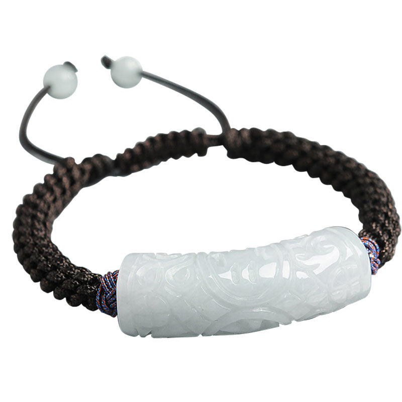 Natural Myanmar Grade A Jade Curved Bar Bracelet – Handmade with Good Fortune and Longevity Carvings