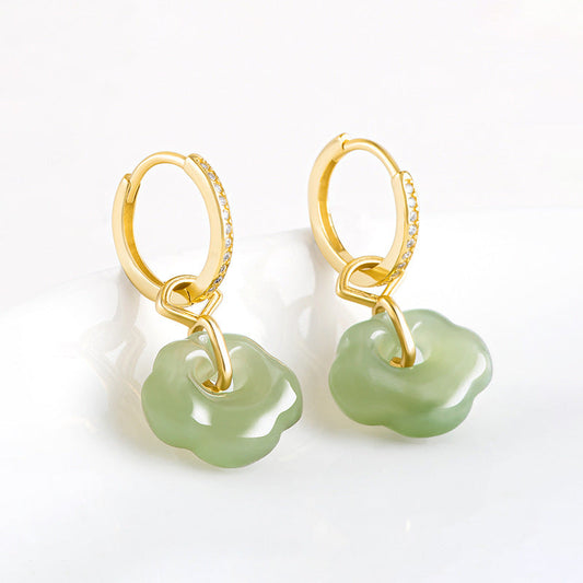 Women’s Natural Hetian Jade Ruyi Earrings, Set in S925 Silver