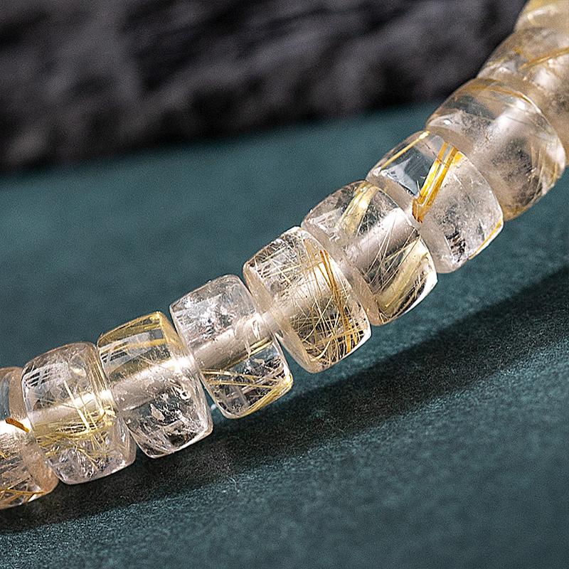 Natural Crystal Rutilated Quartz Bracelet - Precision Cut 3x6mm Beads