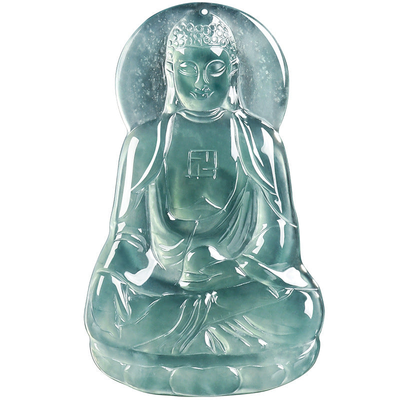Natural Blue Water Jadeite Amitabha Buddha Pendant – A-Grade Jade, Spiritual Protection Talisman