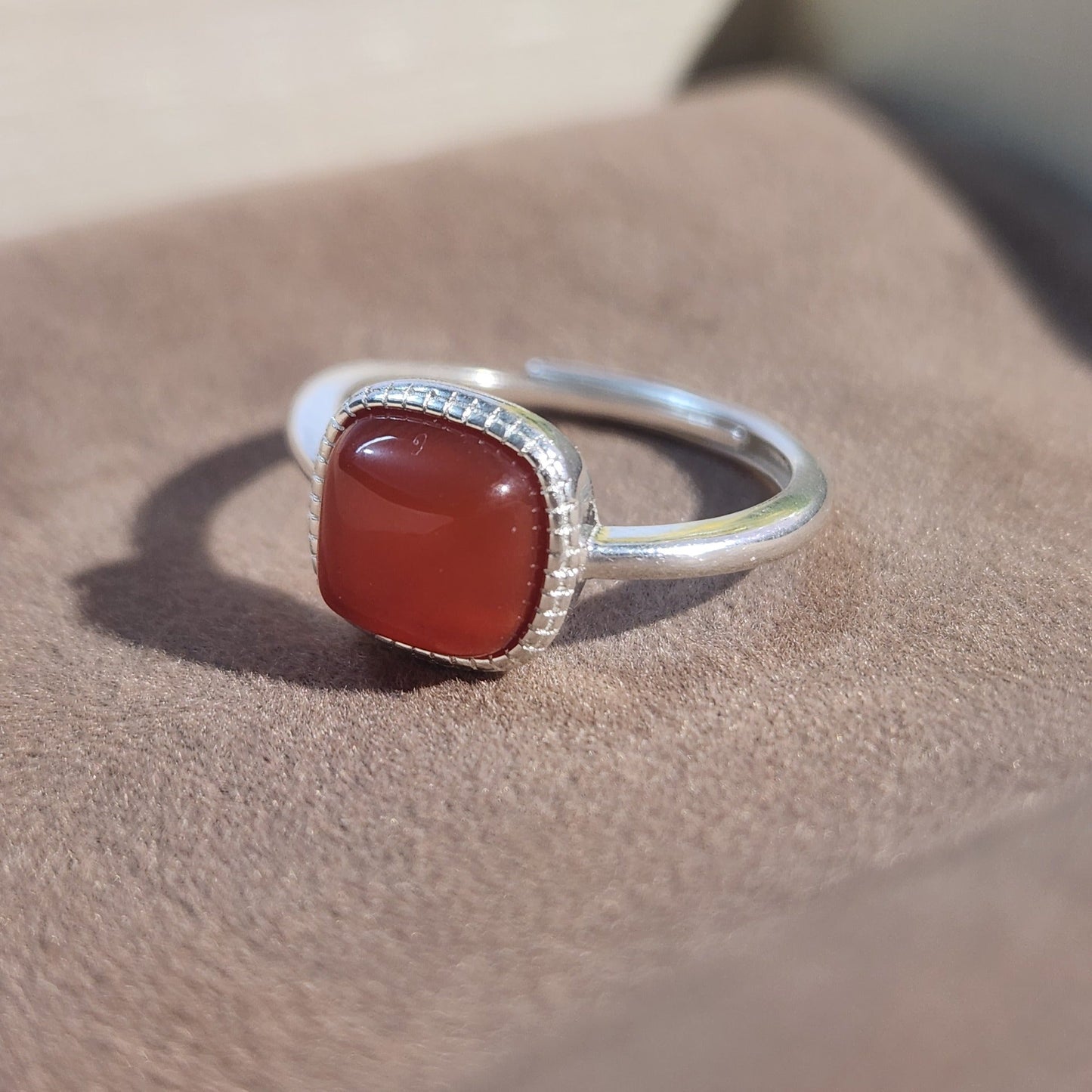 S925 Sterling Silver Hetian Jade & Agate Cube Ring – Adjustable Design