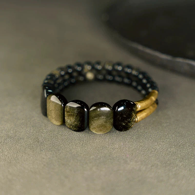 Natural Black Obsidian & Cat’s Eye Gold Obsidian Double-Layer Bracelet for Men & Women