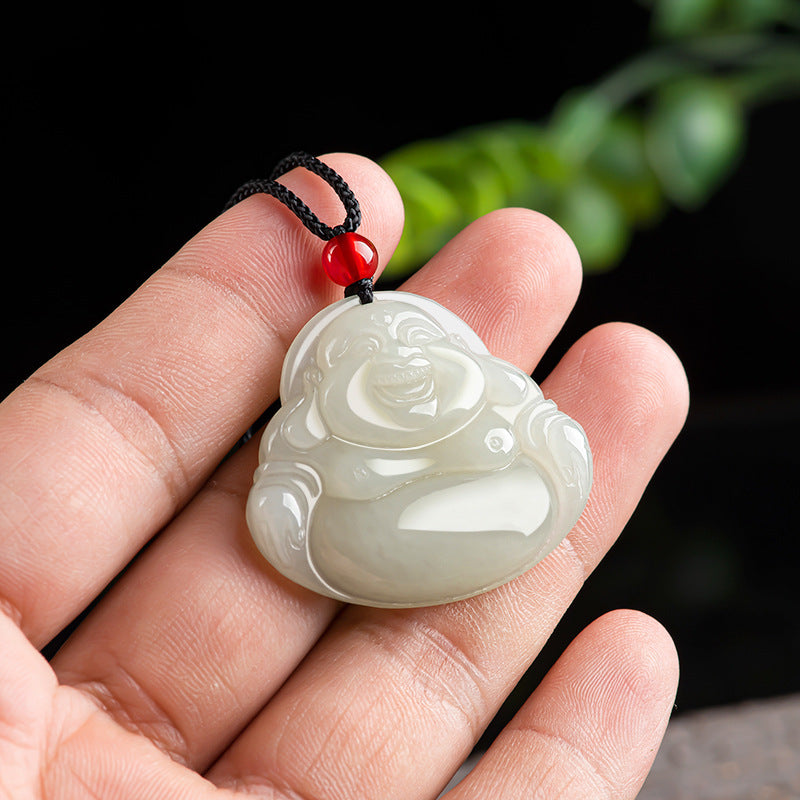 Natural Hetian White Jade Laughing Buddha Pendant for Men