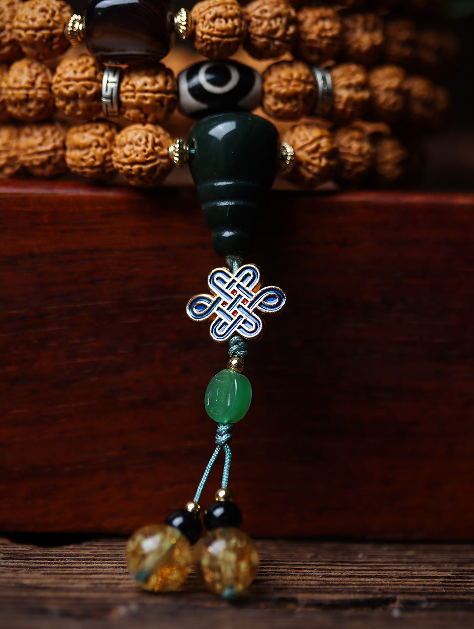 Dragon Vein Exploding Texture Rudraksha 108 Mala Beads Bracelet with Alxa Agate Accents