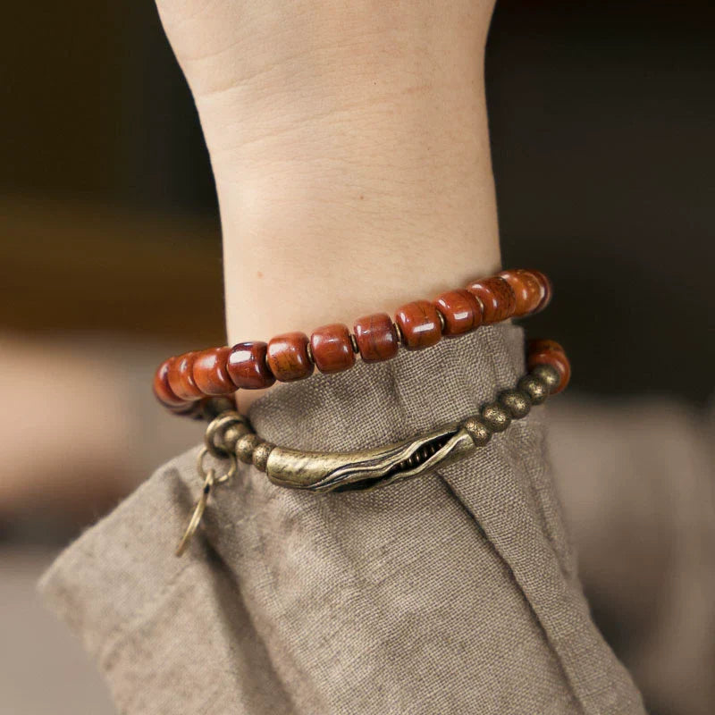 Tibetan Handmade Yak Bone Double-Wrap Bracelet – Long Style with Vintage Brass Accents