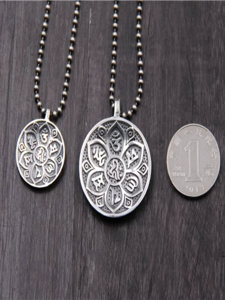 S925 Sterling Silver Retro Six-character Mantra Tag Safe Round Tag Pendant