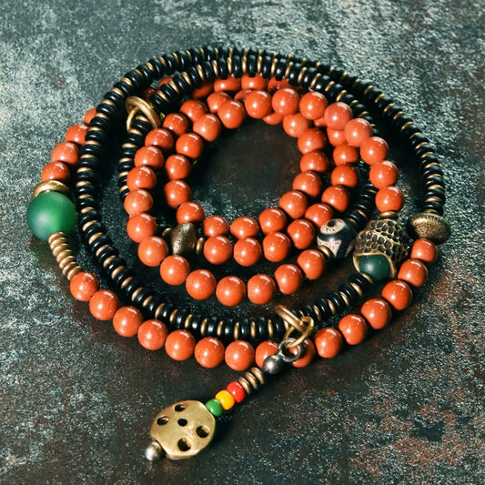 Vintage Wrap Bracelet · Red Agate, Ebony Wood & Brass · Multi-Layer Long Strand for Men and Women