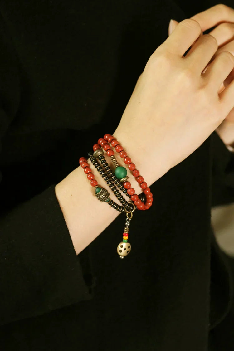 Vintage Wrap Bracelet · Red Agate, Ebony Wood & Brass · Multi-Layer Long Strand for Men and Women