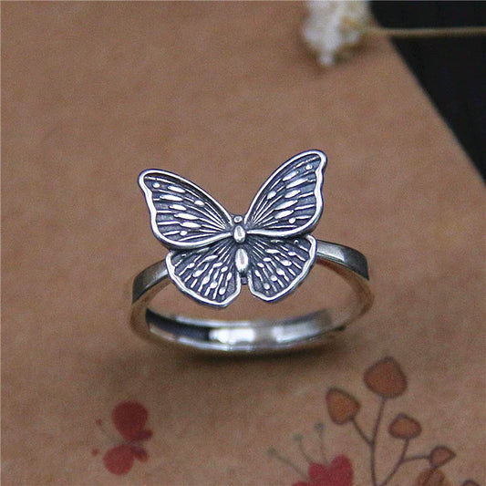 Vintage S925 Sterling Silver Adjustable Butterfly Ring for Women