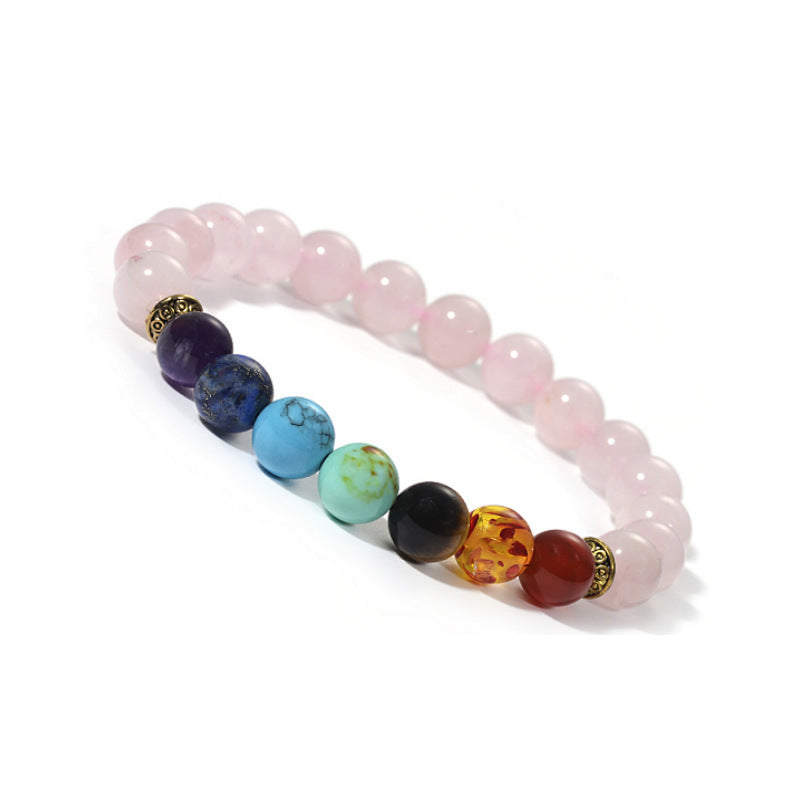 Seven Chakra Beaded Bracelet for Meditation Yoga Bracelet Pink Crystal White Turquoise Tiger Eye Stone Volcanic Stone
