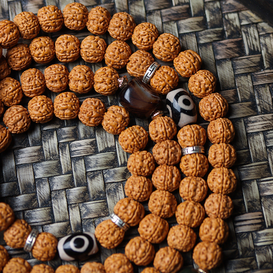 Dragon Vein Exploding Texture Rudraksha 108 Mala Beads Bracelet with Alxa Agate Accents