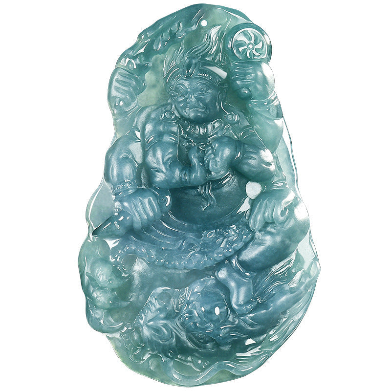 Natural Blue Water Jadeite Acala (Fudō Myō-ō) Pendant – A-Grade Jade, Zodiac Guardian for Rooster