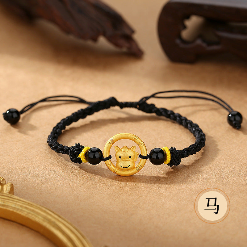 Women’s S925 Silver Peace Circle 12 Chinese Zodiac Bracelet – Woven Black Cord