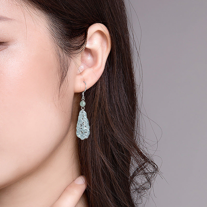 Natural A-Grade Blue Water Jadeite Ruyi Earrings – S925 Silver, Ice-Type Jade, Ancient-Style Women’s Earrings