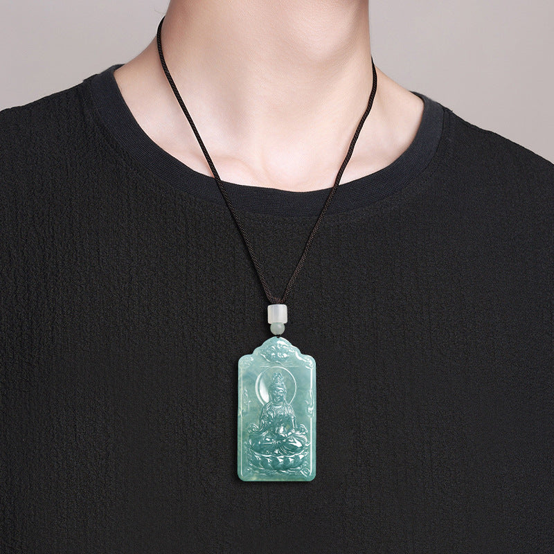 Natural Blue Water Jadeite Guanyin Pendant – A-Grade Jade, Spiritual Protection Talisman