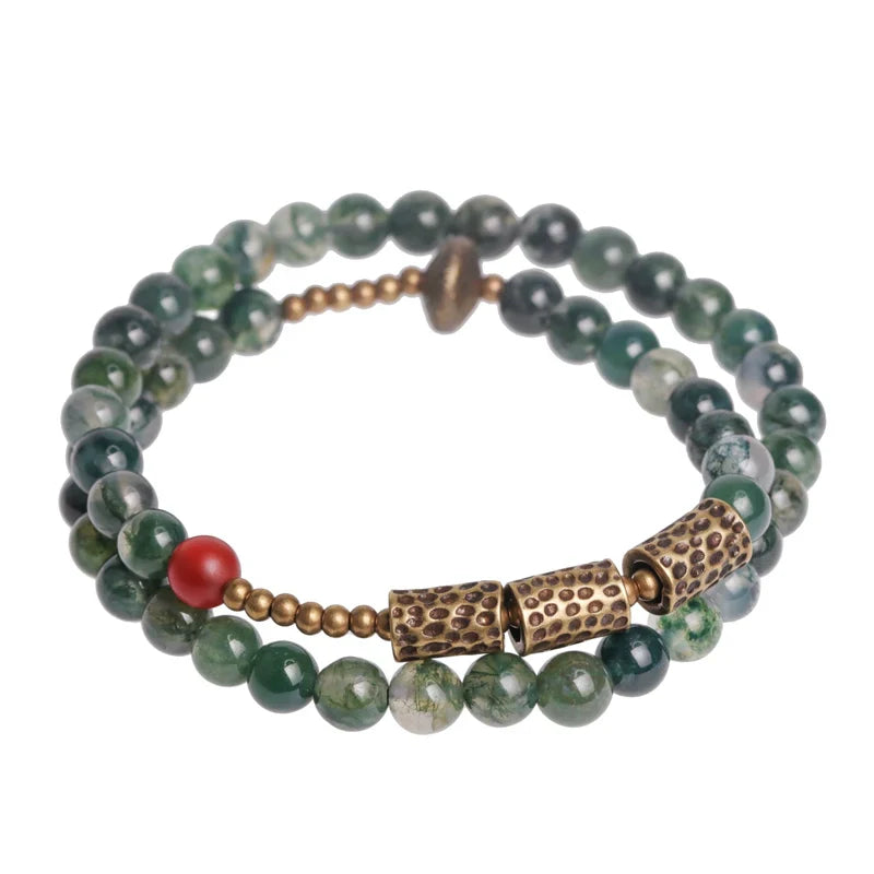 Double-Layer Moss Agate Beaded Bracelet with Brass Accents – Women's Grounding & Growth Bracelet