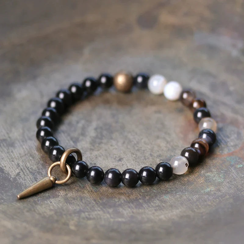 Tibetan Obsidian Bracelet with Colorful Beads for Protection & Balance