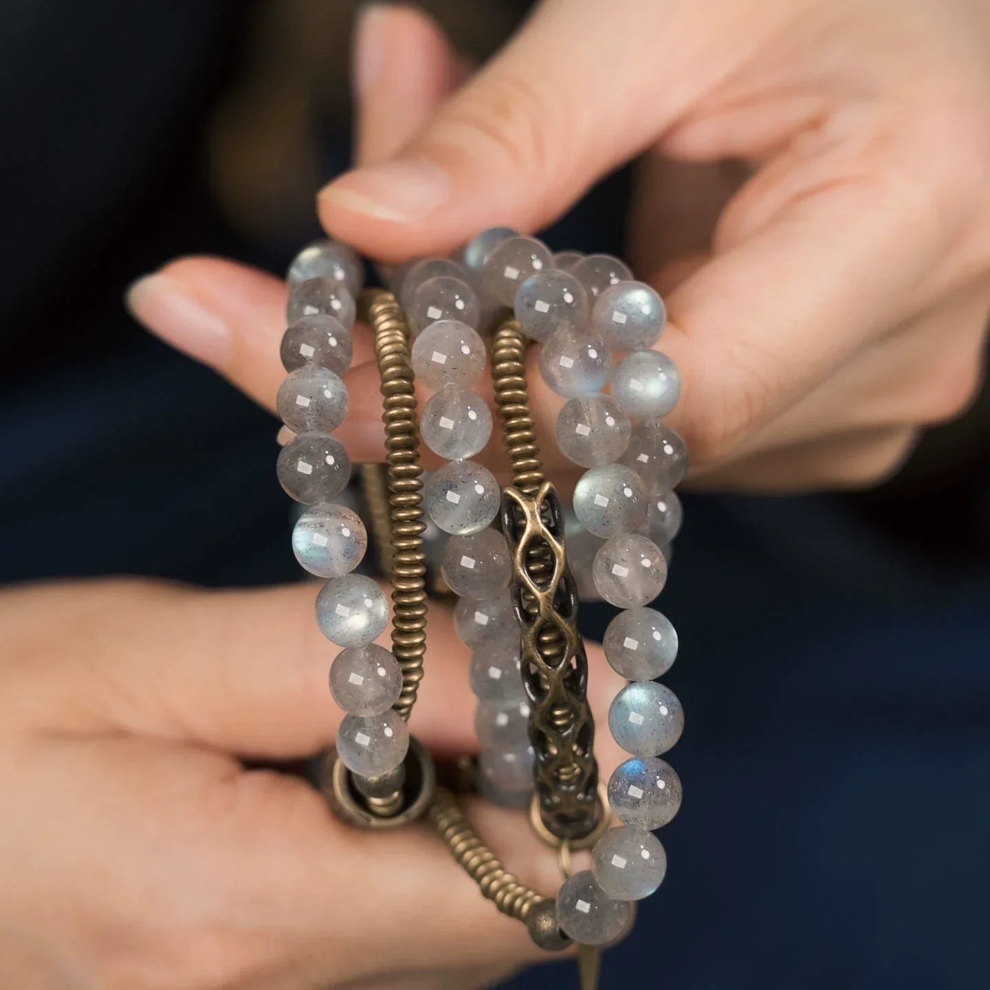Tibetan-Inspired Multi-Layer Moonstone & Brass Bracelet · Lunar Light, Grounded Spirit