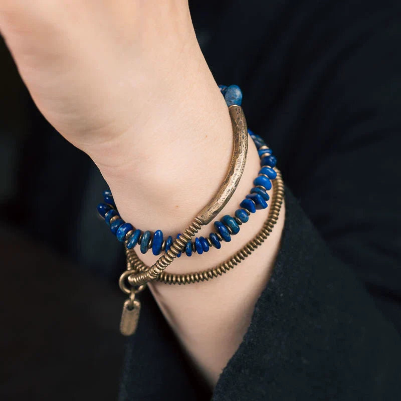 Irregular Lapis Lazuli& Brass Multi-Layer Bracelet Handcrafted Tibetan Jewelry for Protection & Balance