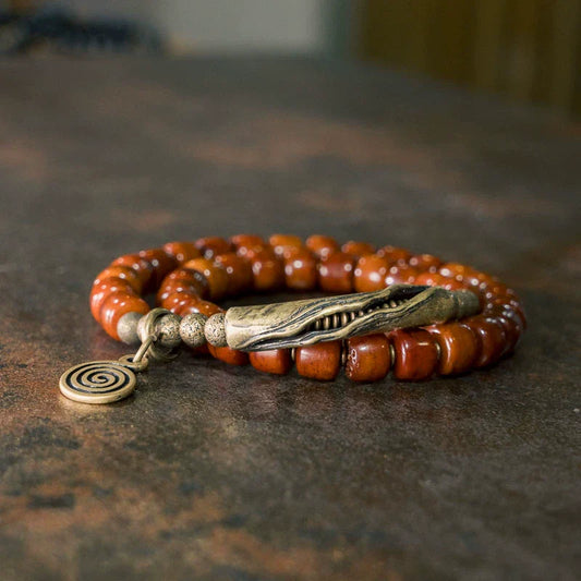Tibetan Handmade Yak Bone Double-Wrap Bracelet – Long Style with Vintage Brass Accents