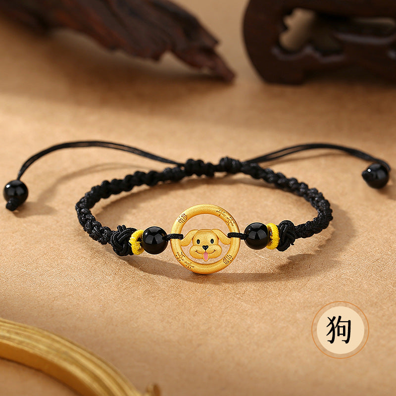 Women’s S925 Silver Peace Circle 12 Chinese Zodiac Bracelet – Woven Black Cord
